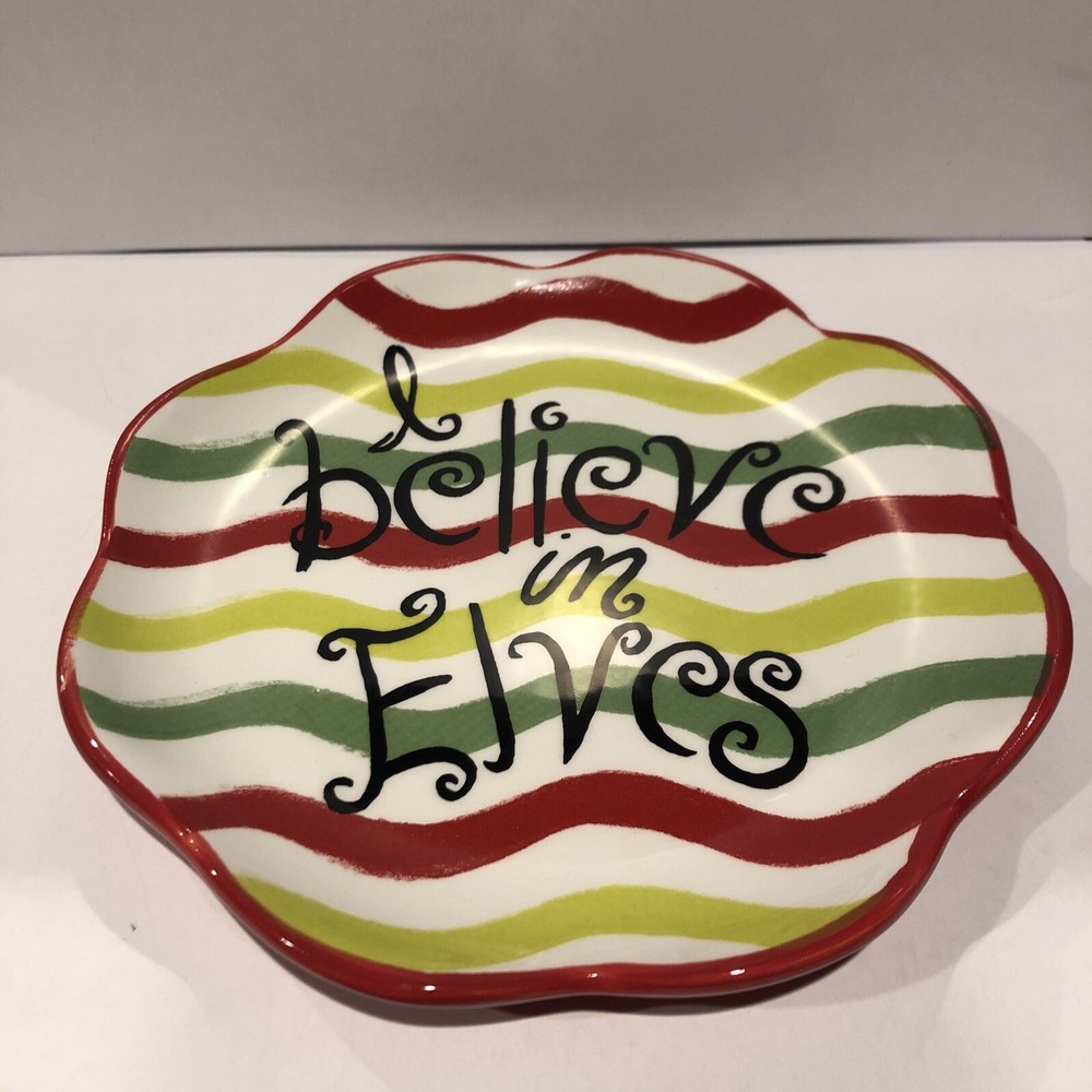 FORMATION BRANDS I believe in Elves 6" Striped Plate Scalloped Edge Christmas‎